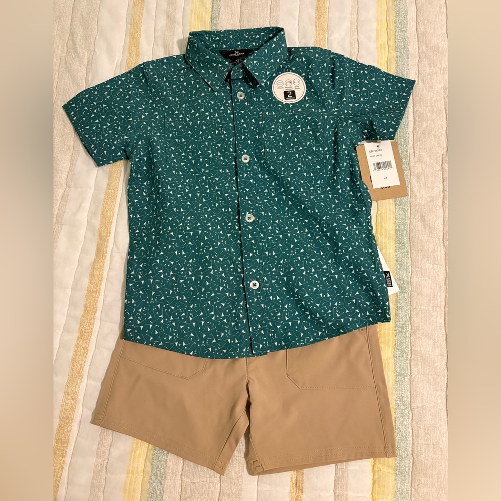 Eddie Bauer Teal Short-Sleeve Button-Down Shirt with White Micro Print
